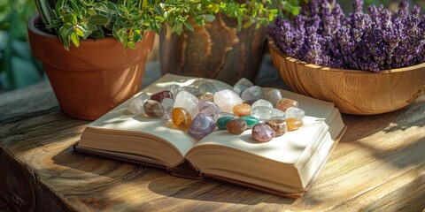 Holistic healing with balance crystals idea. Open book with crystal stones, plants, and lavender decor.