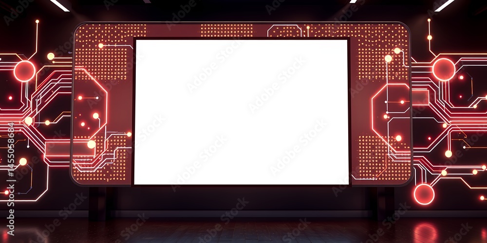 Poster blank screen with circuit board design and red glowing lights on a reflective surface