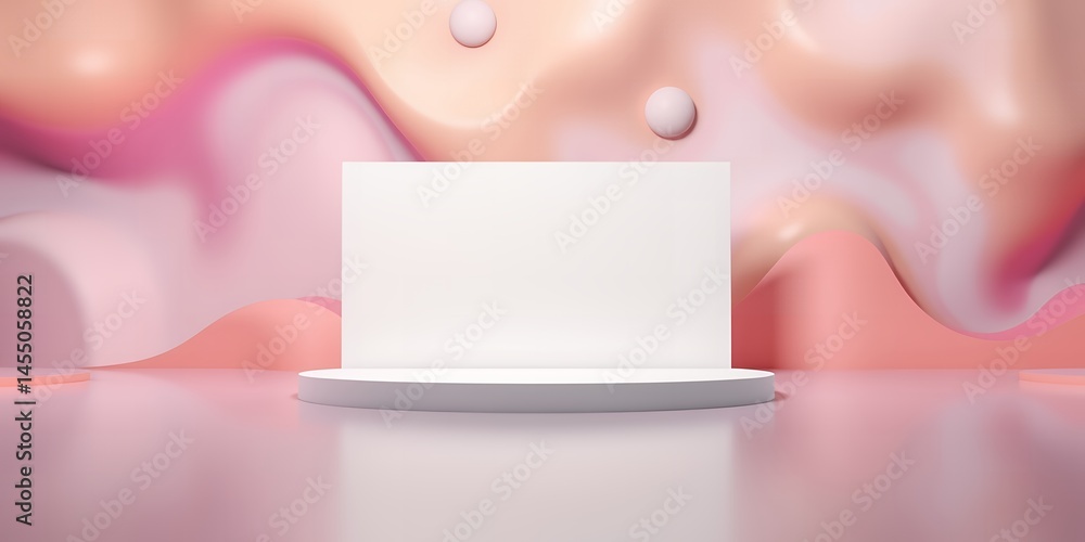 Poster white rectangular block on a round platform with floating spheres in pink background design
