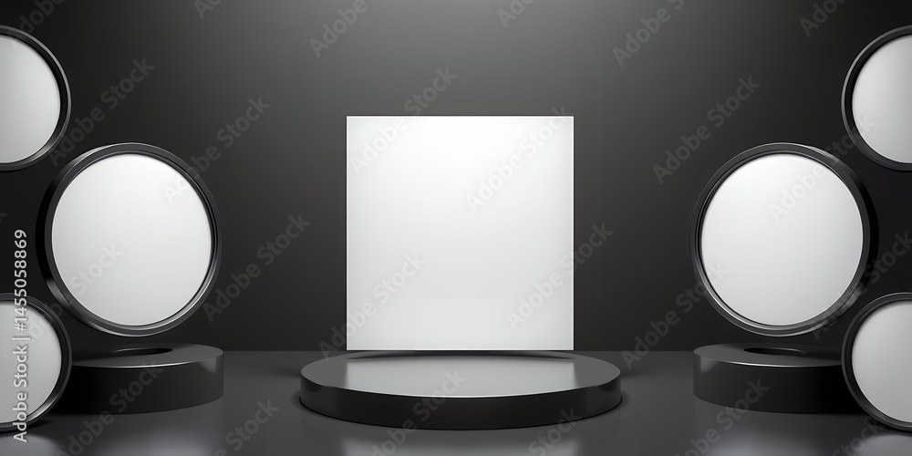Poster black and white product display with square backdrop and circular accents in a studio setting