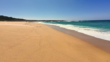 A Serene Beach Landscape That Welcomes You Under a Clear Blue Sky, Evoking Peaceful Vibes