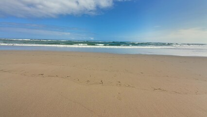 Enjoy a breathtaking scenic beach view featuring rolling waves and a clear blue sky