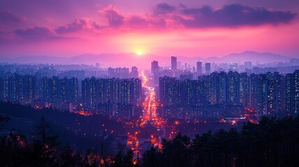 Fototapeta premium Cityscape at Sunset with a Pink and Purple Sky Over Urban Area