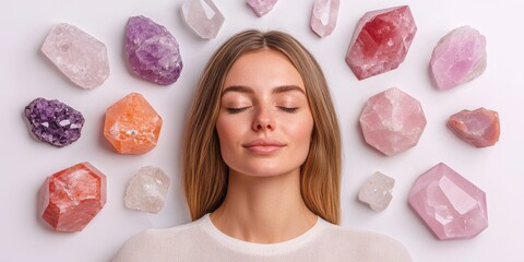Holistic healing with balance crystals idea. Calm woman with colorful crystals surrounding her.