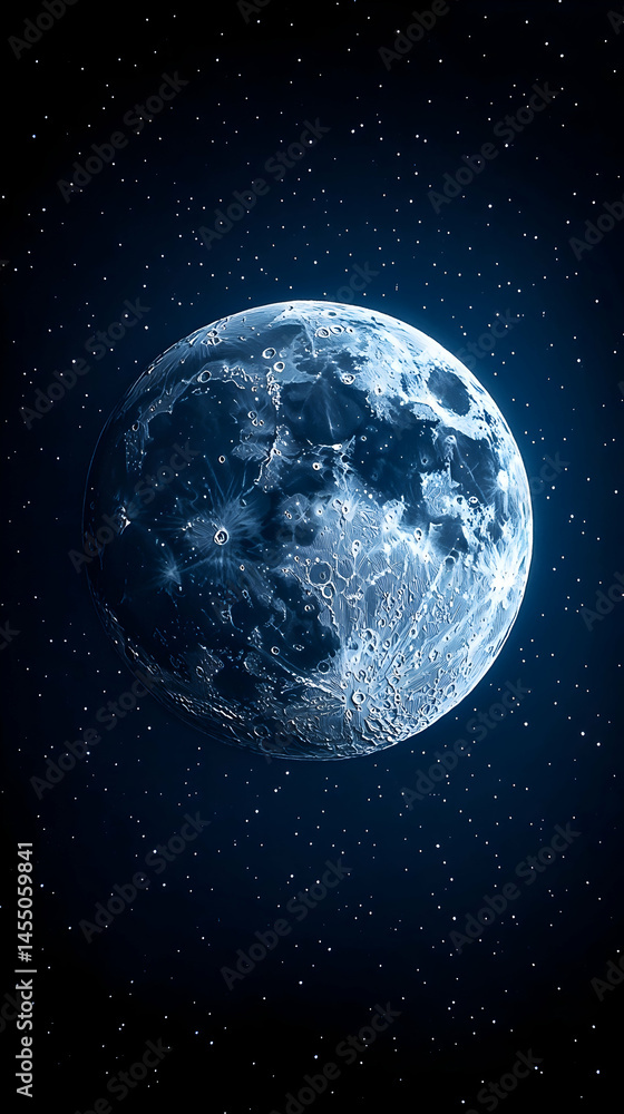 Poster a celestial body possibly a moon is depicted against a backdrop of countless stars its surface is te