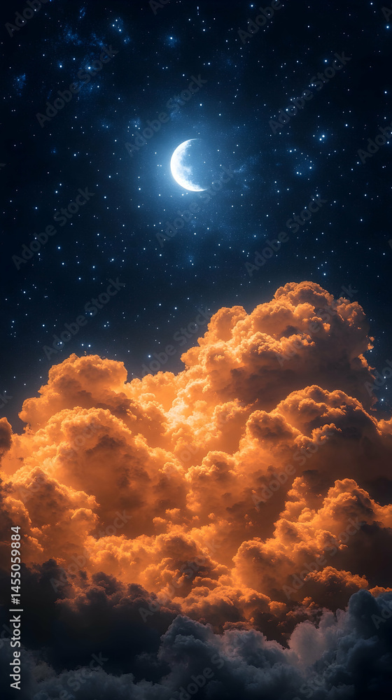 Poster a crescent moon hangs in a starlit sky above a sea of fiery orange clouds the clouds are dense and t
