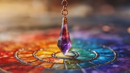 Holistic healing with balance crystals idea. Colorful crystal pendulum over a vibrant mandala background.