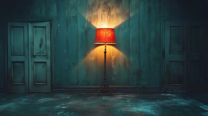 A solitary red lamp illuminates a room between two doors in a vintage home interior.