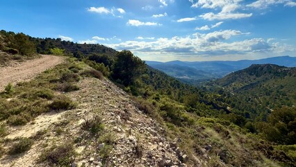 A stunning mountain landscape characterized by lush greenery and a beautiful blue sky