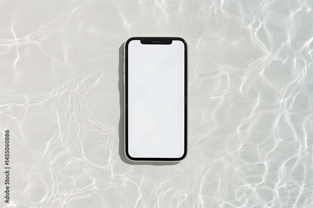 Poster sleek smartphone with a pristine white display, placed on a surface with gentle water ripple pattern