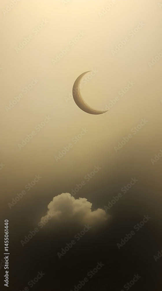 Poster crescent moon hangs in hazy sky above a single fluffy cloud muted gold and dark tones create a seren