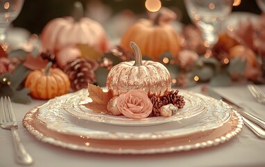 Festive autumnal place setting with pumpkins and flowers