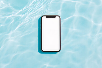 A mobile device with a blank white screen rests in clear blue water. It casts a shadow on the rippled surface. Summer vacation. Relax.