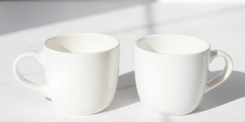 Fototapeta premium Two white ceramic mugs sitting on a white surface with sunlight creating shadows near them