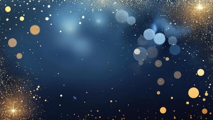 Abstract Dark Blue And Gold Particle Background Featuring Christmas Golden Light Bokeh, Shining Particles On Navy Blue With Gold Foil Texture, Evoking A Festive Holiday Atmosphere.	
