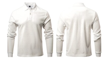 front and back view of a white long sleeve polo shirt with white collar,garment,polo,style