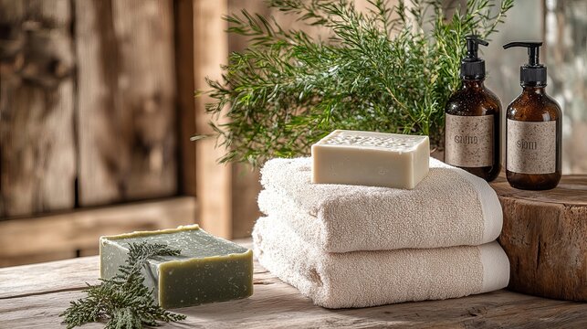 Relaxing spa setting with natural soaps towels and bottles zen wood calm body care life green beige