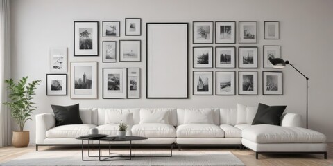 Bright, airy living room, minimalist gallery wall of empty black frames, mockup, home decor, living room, apartment
