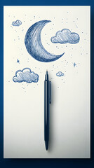 Hand-drawn crescent moon and clouds in a night sky depicted on a piece of paper with a pen resting below