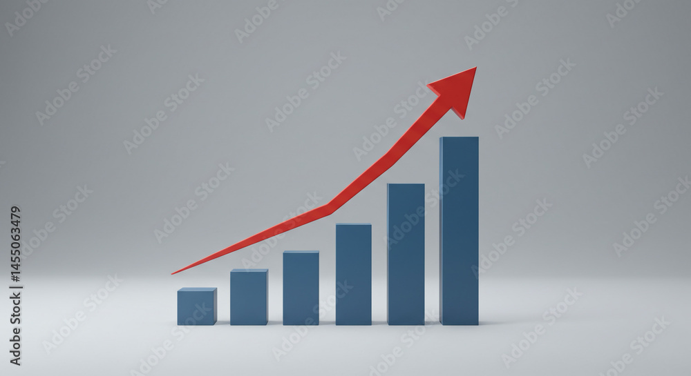 Poster a bar graph with a red arrow showing an upward trend against a light gray background in a studio sho