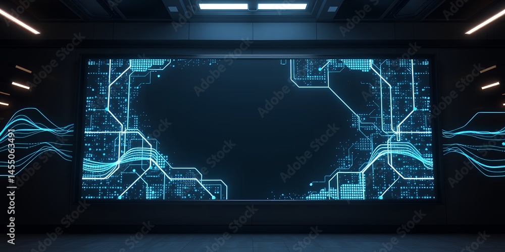 Poster illuminated screen displaying circuit board design with blue waves in dark environment