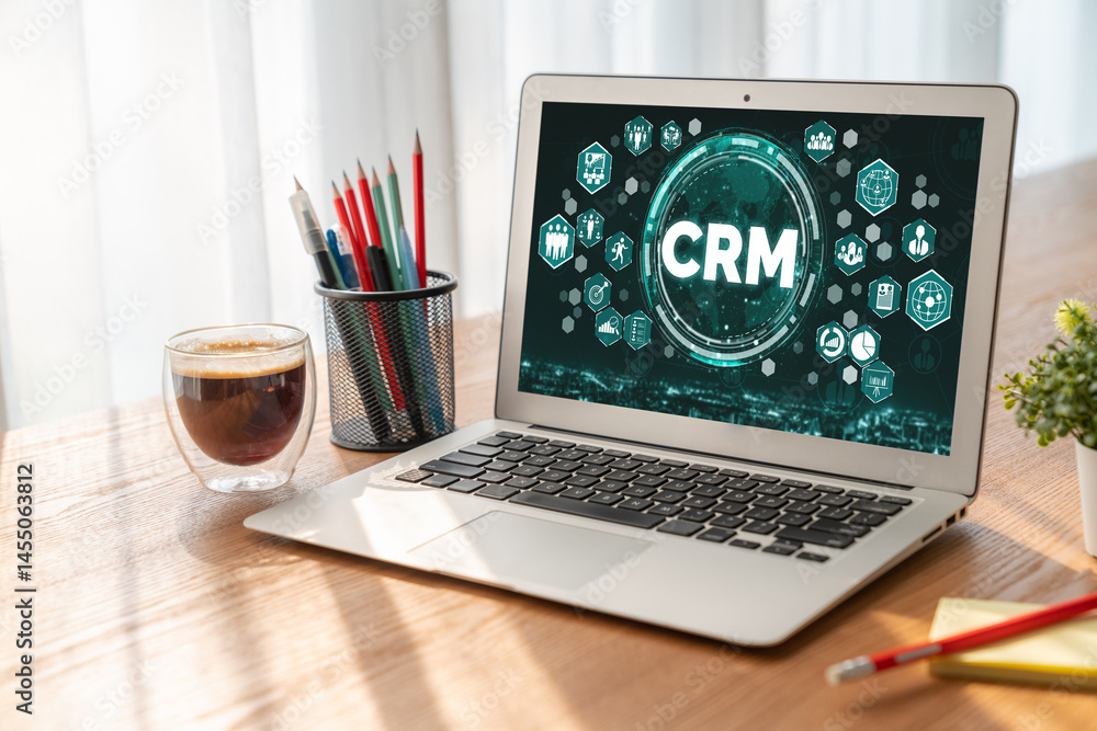Poster customer relationship management system on modish computer for crm business and enterprise