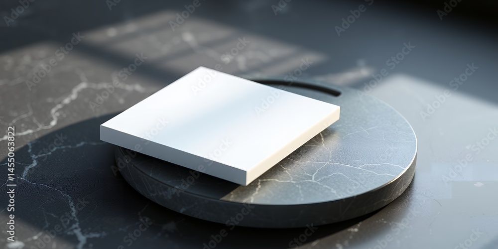 Poster a white square block resting on a gray circular platform on a marble surface in soft light