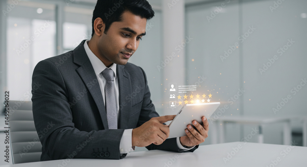 Aufkleber man in suit using tablet with digital interface in bright office environment for business applicatio