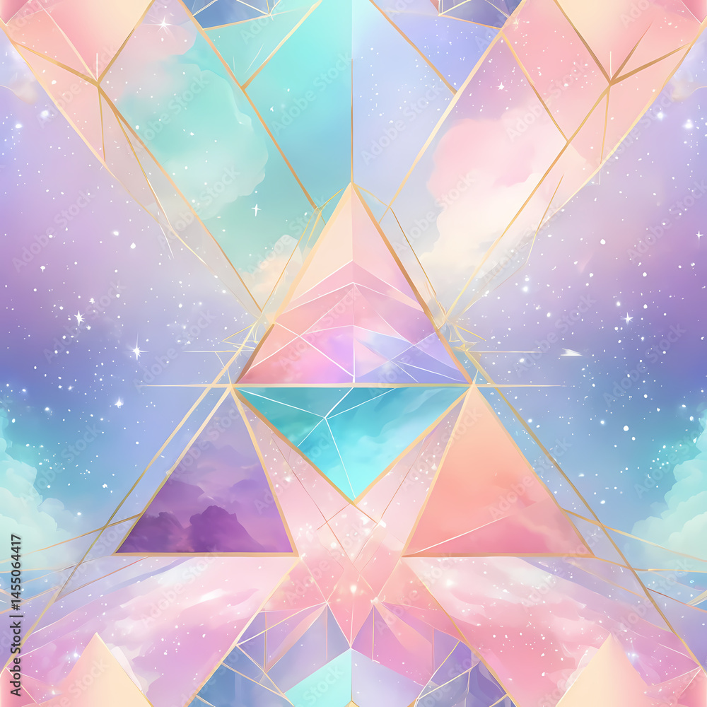 Poster intricate shapes and hues blend harmoniously in a celestial landscape, where soft colors mingle with