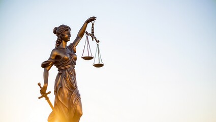 Fototapeta premium A bronze statue of Lady Justice is shown, blindfolded, holding a sword in one hand and a scale in the other, set against a soft, gradient sky that transitions from white to blue