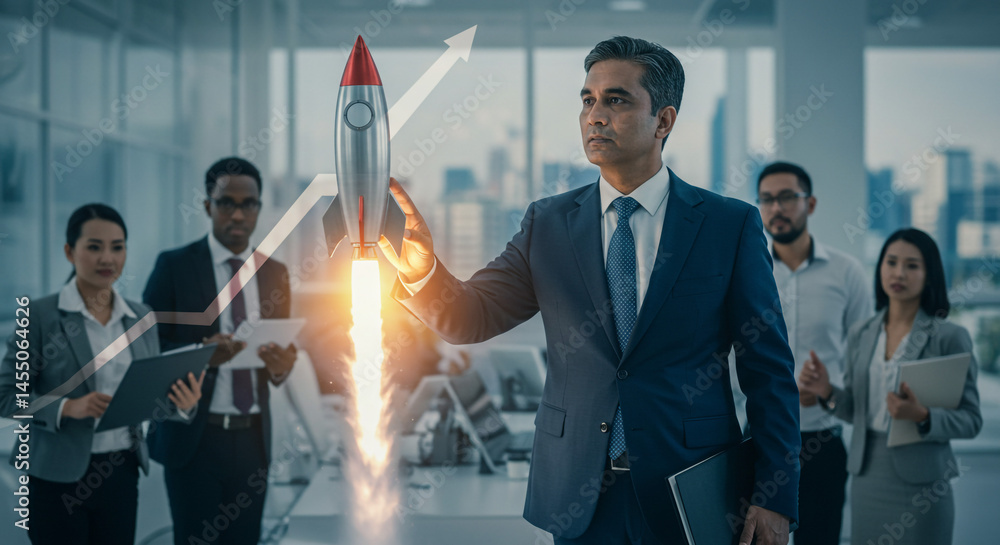 Poster man in suit launching rocket with team members and upward arrow in background in office