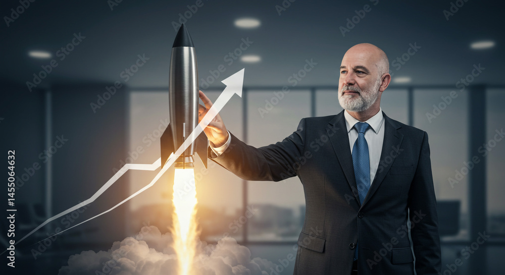 Poster man in suit with rocket launching and upward arrow in office setting symbolizing business growth