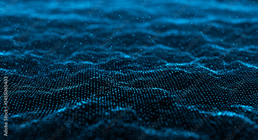 Poster an abstract blue landscape with small dots forming an undulating surface and scattered particles