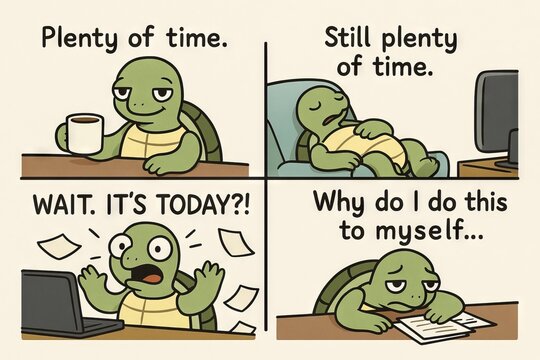 Funny procrastination turtle comics showing stages of delay from calm confidence to panic and regret. Concept of time management, deadline stress, student life, procrastination cycle. comic strip