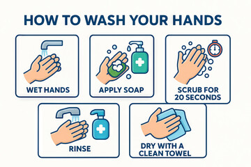 Illustrated guide on proper hand washing: wet hands, apply soap, scrub for 20 seconds, rinse, and dry with clean towel. concept of hygiene, health safety, clean hands. White background