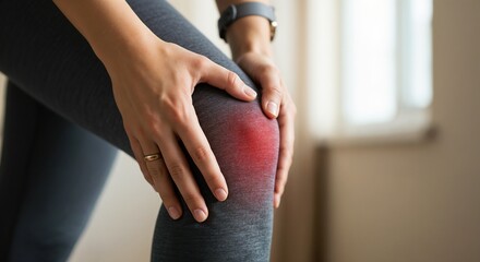 A person's lower body, wearing gray leggings and a smartwatch, is shown with their hands grasping their right knee, which is highlighted with a red glow, indicating pain or injury