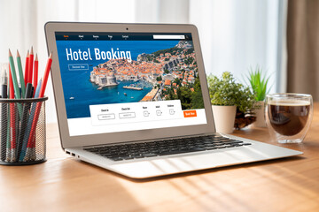 Online hotel accommodation booking website provide modish reservation system . Travel technology concept .