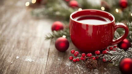 Warm red mug of hot cocoa festive christmas winter holiday season tea cozy snow pine wood food drink