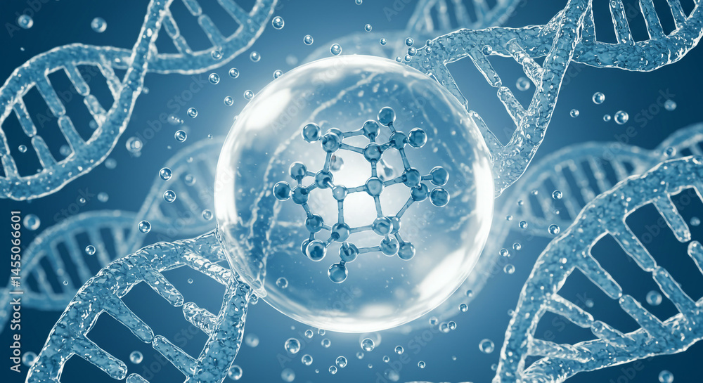 Poster molecular structure inside a sphere with dna strands on a blue gradient background design element