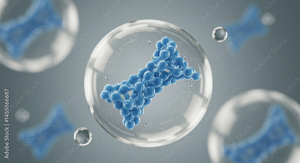 Poster blue molecule structure inside transparent spheres floating on a gray gradient background image