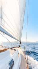 Fototapeta premium Adventurous solo sailing journey on open sea with clear blue sky