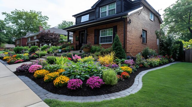 A charming brick home with a colorful flower garden adds beauty and curb appeal to the exterior.