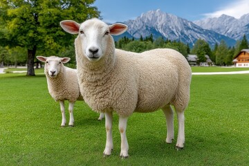 Obraz premium Two Fluffy Sheep in a Green Pasture with Majestic Mountains