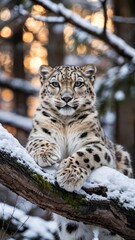 Naklejka premium Snow leopard on mossy branch with people in snowy forest background