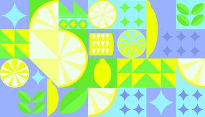 Lemon minimalistic geometric background. Vector abstract style pattern. Bauhaus trend. Abstract illustration of lemon, leaves, symbols. Simple icon.	
