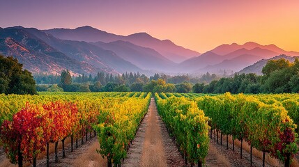 Fototapeta premium A field with trees lining a row, set against mountainous backdrop and bathed in a sunset's radiant glow