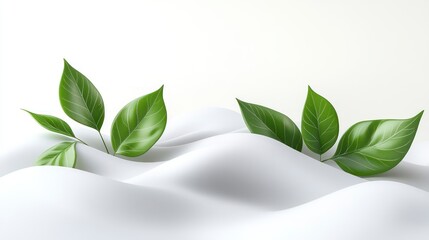 Fototapeta premium Fresh Green Leaves Emerging from Snowy Landscape Winter Nature Scene Botanical Contrast Seas