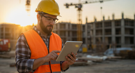 A man wearing a yellow hard hat, an orange safety vest, and a plaid shirt is shown holding a tablet, with a blurred background of a construction site featuring cranes and a building under construction