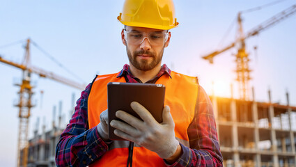 A man wearing a yellow hard hat, an orange safety vest, and a plaid shirt is shown holding a tablet, with a blurred background of a construction site featuring cranes and a building under construction