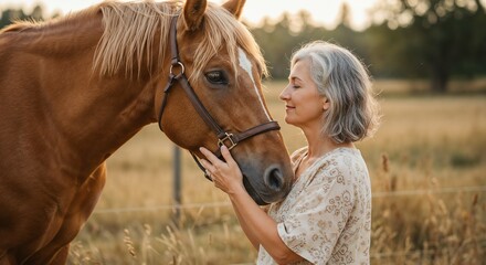 A serene moment featuring a senior woman connecting with a horse in a pastoral landscape during a golden sunset. The bond between human and animal radiates tranquility and mutual affection.

